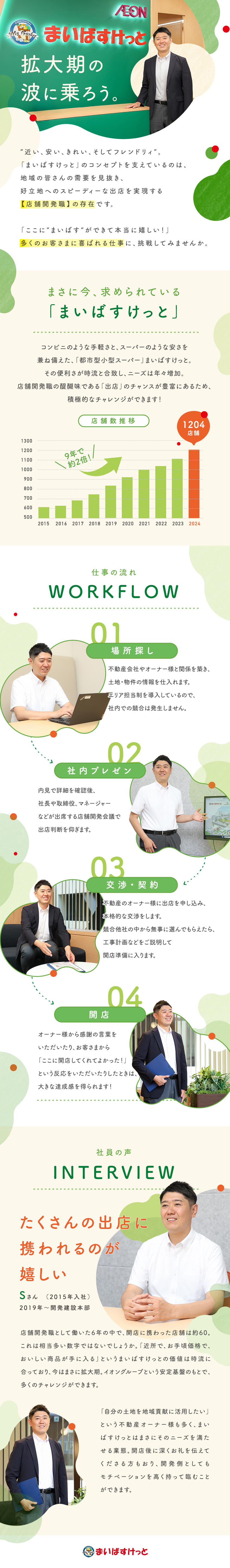 【拡大期】毎年約100店舗出店。契約実績がモチベに／【エリア制】社内競合なし。チームで取り組む店舗開発／【イオングループ】住宅手当／社宅／男性育休100%／まいばすけっと株式会社(イオングループ)