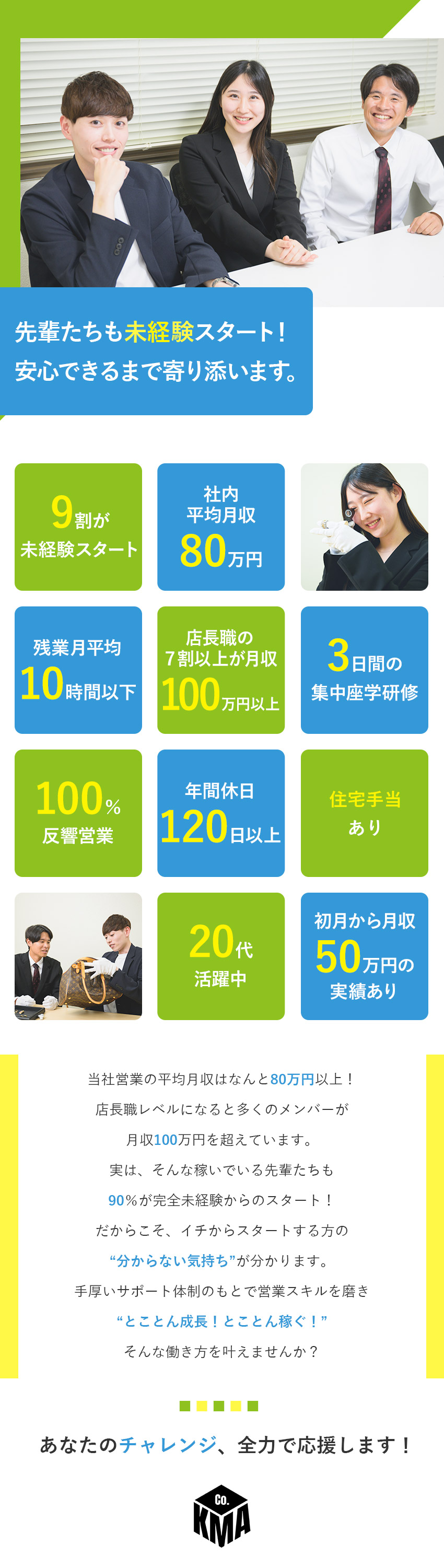 【高インセンティブ】平均月収80万円以上！／【手厚い研修で安心】先輩たちも90％が未経験入社／【環境】年休120日～／原則定時退社／20代活躍中／株式会社ＫＭＡ