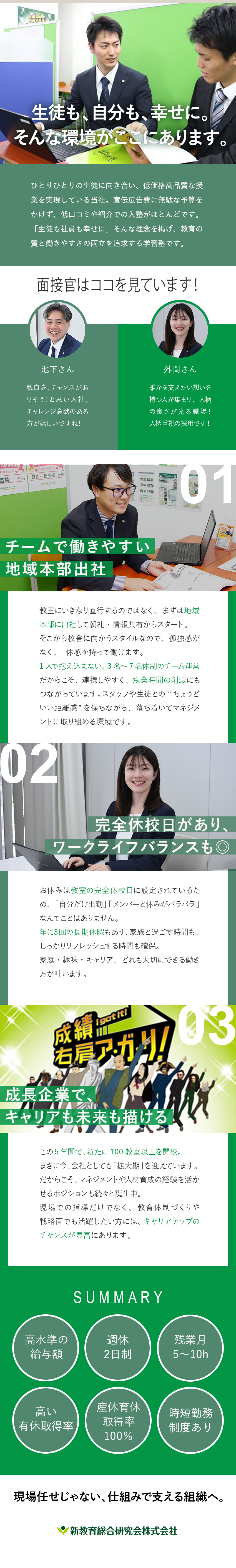 【成長率】直近5年で全国100校を新規開校！／【働きやすさ】残業少／ホワイト企業大賞特別賞受賞／【待遇】入社2年目で年間賞与150万円以上も可能！／新教育総合研究会株式会社「個別指導キャンパス」