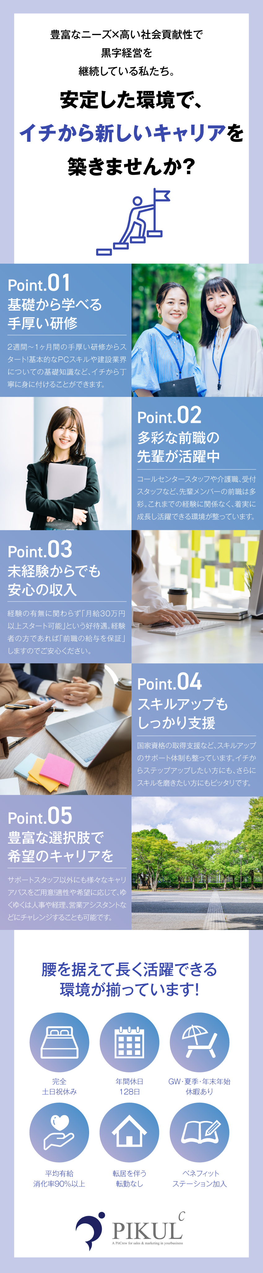 【未経験OK】少人数制の充実した研修で一から学べる／【待遇】未経験でも月給30万円以上スタート可能／【環境】年休128日／土日祝／有休消化率90％以上／ピックルコンストラクション株式会社