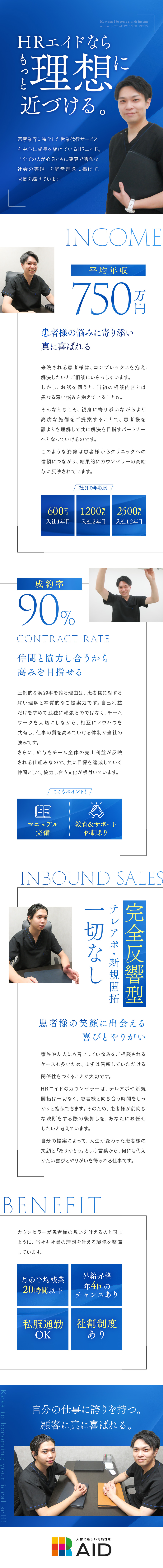 ◎平均年収750万円／年収1000万円超8名在籍！／◎ノルマなし！テレアポなし！完全反響型の営業／◎業界未経験OK！週休2日制で連休取得も可能／株式会社ＨＲエイド