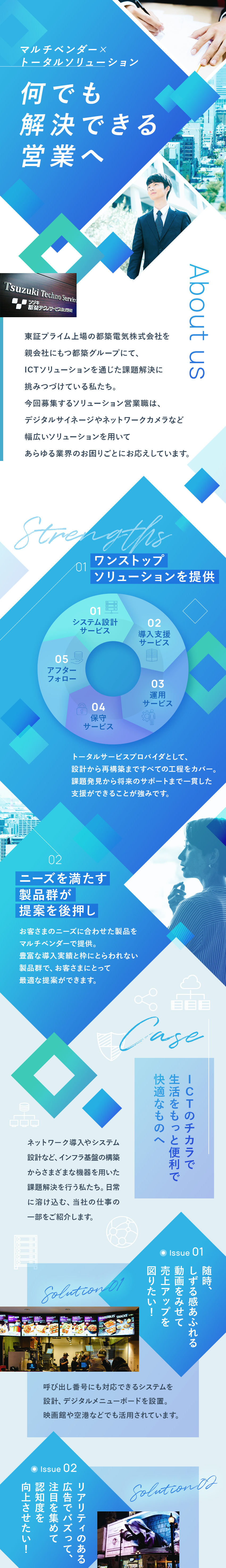 設立以来56年間安定の黒字経営継続中／顧客ニーズを満たす製品群×トータルソリューション／年休122日／土日祝休／平均勤続年数21年／都築テクノサービス株式会社(都築電気株式会社のグループ会社)