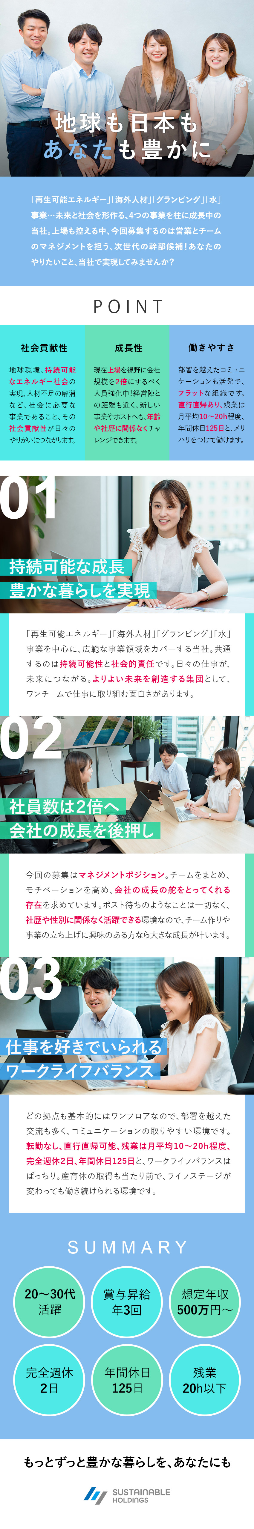 【管理職待遇】チームマネジメントをお任せします！／【成長性◎】業績好調！上場に向けて社員数も倍増中／【働きやすさ】土日祝休／年休125日／直行直帰あり／サステナブルホールディングス株式会社