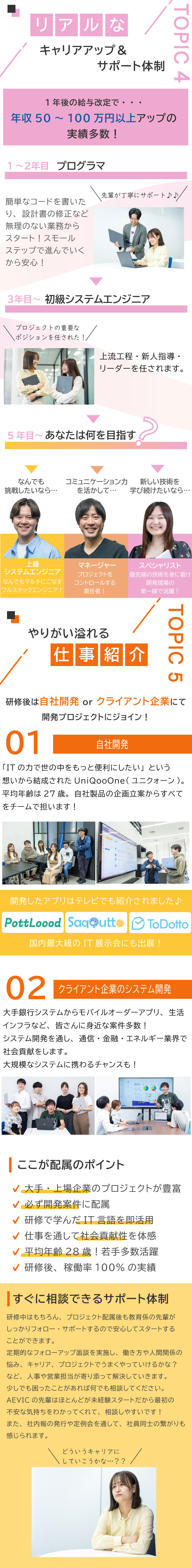 ★研修期間最大6カ月！“研修だけに集中”できる環境／★開発案件100%＆自社開発あり／大手企業案件豊富／★残業時間月平均8h＆在宅勤務あり／定着率95%／株式会社ＡＥＶＩＣ