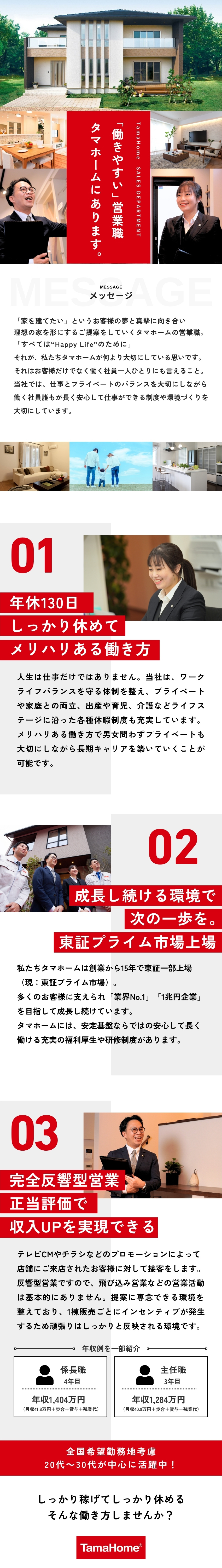 【ブランド力】業界トップクラスの販売シェア！／【働きやすさ】年間休日130日／5日以上の連休可能／【待遇面◎】賞与年2回／歩合給あり／住宅手当あり／タマホーム株式会社【プライム市場】