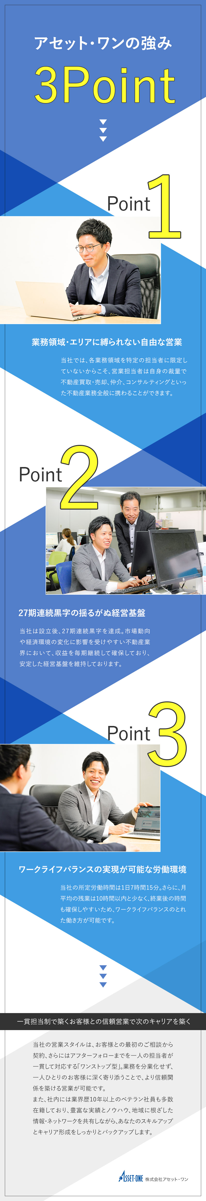 ◆不動産の仕入／売却／仲介／運用提案等一貫担当／◆創業以来黒字経営／安定した経営基盤／◆ベテラン社員のサポート＆働きやすさも両立／株式会社アセット・ワン