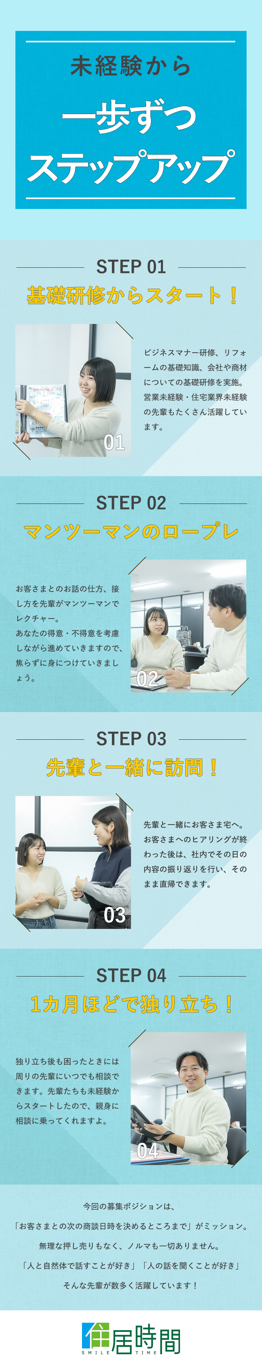 インセンティブ充実！未経験から月収80万円の実績も／研修が充実！飲食・美容師など異業種出身者が活躍中！／10:30出社＆残業月0.7時間でオフも満喫♪／株式会社住居時間