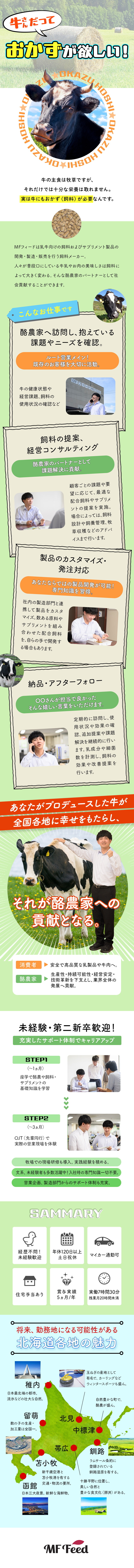 【安定基盤】全農、ホクレン等と安定取引／【研修】OJT・牧場研修など未経験でも安心の研修有／【やりがい】日本の食生活を支える乳製品の生産を支援／ＭＦフィード株式会社