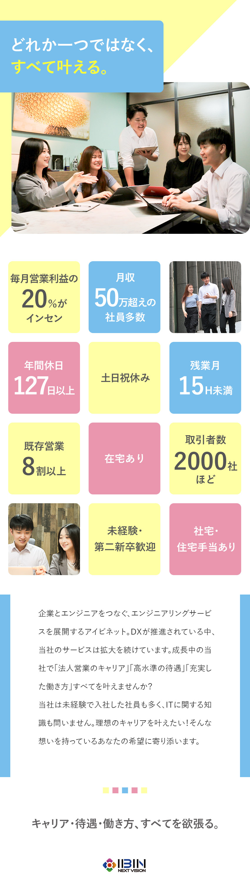 【スキルアップ】未経験歓迎！名刺の渡し方から指導／【待遇】ほとんどの社員が毎月インセン15万円以上／【働き方】土日祝休み／長期休暇あり／リモートあり／株式会社アイビネット