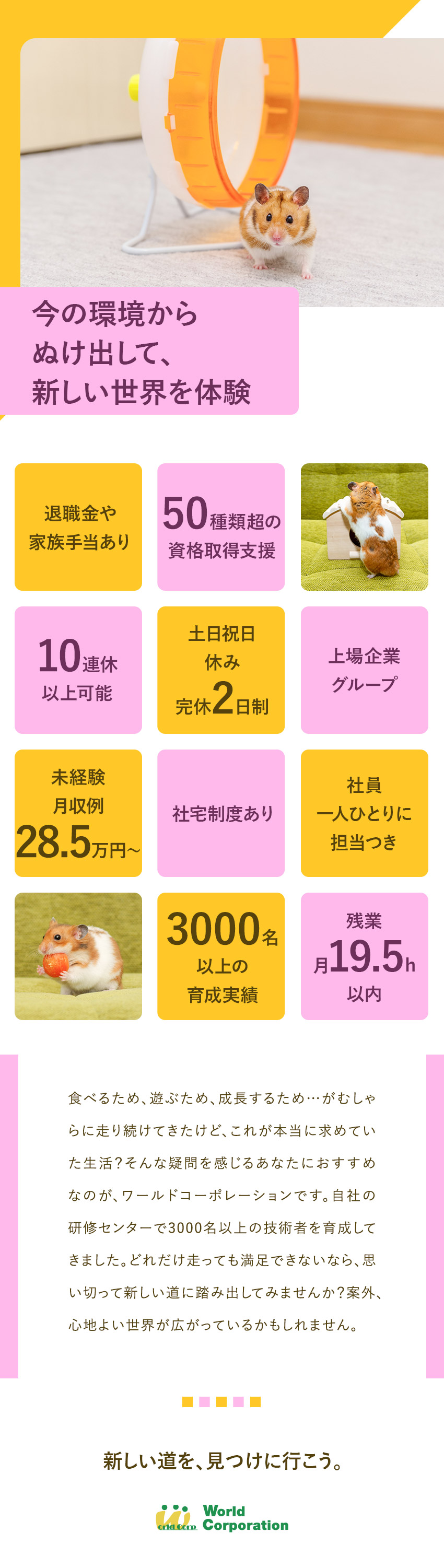 専門的なスキルを身につけて市場価値アップへ／3000名以上の育成実績あり・専属のフォロー担当付／10連休可・残業月～19.5h・年収400万円～／株式会社ワールドコーポレーション(Nareru Group)