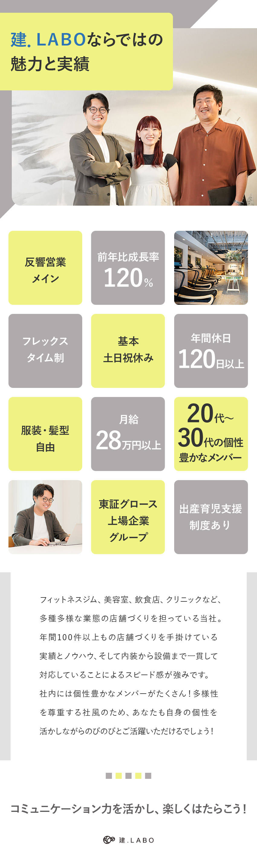 【未経験歓迎】業界知識から丁寧に教えます！／【やりがい】幅広い店舗づくりをプロデュース／【働きやすさ】フレックスタイム制／年休120日以上／株式会社建．ＬＡＢＯ