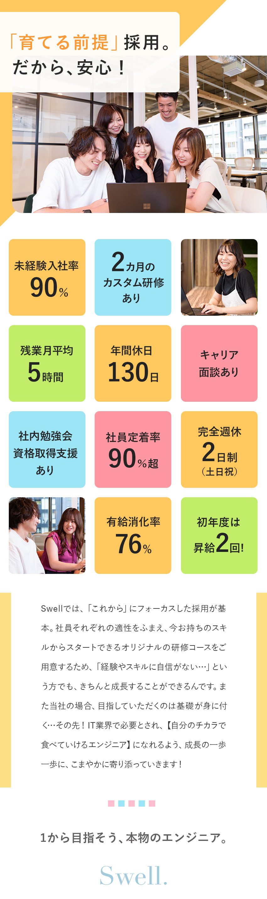 【育成前提採用！】オリジナル教材での2カ月間の研修／【将来性◎】理想のキャリアを一緒に見つける定期面談／【好環境】年休130日／有給消化76％／リモート有／株式会社Swell