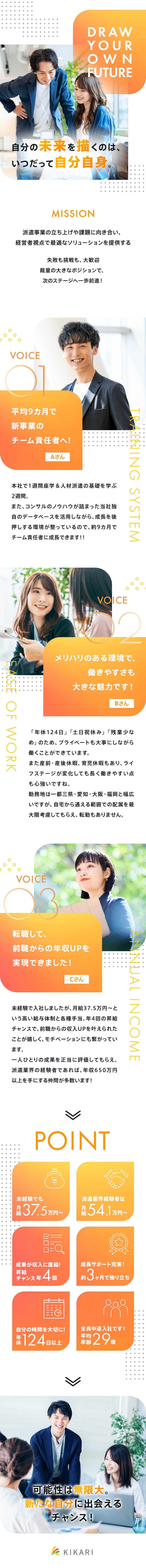 【★】派遣業界経験者優遇！月給54.1万円以上可能／【★】未経験から月給37.5万円以上！昇給年4回！／【★】土日祝休み／年間休日124日／残業少なめ／株式会社キカリ