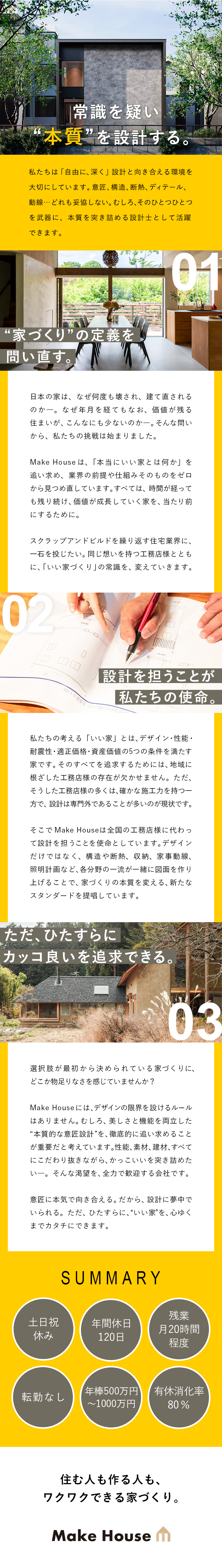 住宅業界の常識を変える◆「価値が成長する家」を設計／規格に縛られない◆「いい家」をひたすらに追求できる／年棒500万円～1000万円／土日祝休み／転勤なし／ＭａｋｅＨｏｕｓｅ株式会社