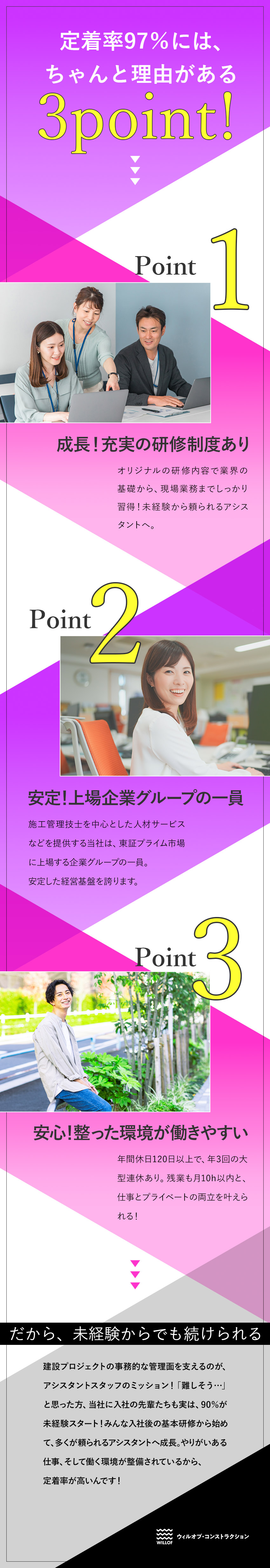 【定着率97％】成長と安心できる環境で長く働く／【安定経営】東証プライム市場上場の企業グループ／【未経験OK】オリジナルの研修＆専任のサポーター有／株式会社ウィルオブ・コンストラクション(ウィルグループ)