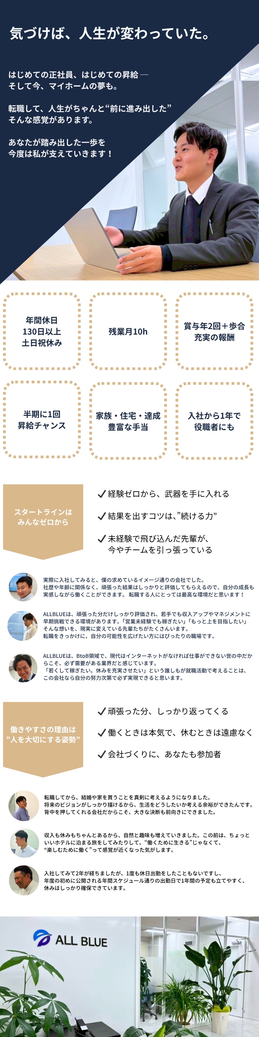 【年間休日130日以上】完全土日祝休み／【成果は収入で還元】高い還元率、充実の手当あり／【新卒・未経験】リスタート歓迎！研修・サポート充実／株式会社ＡＬＬ　ＢＬＵＥ