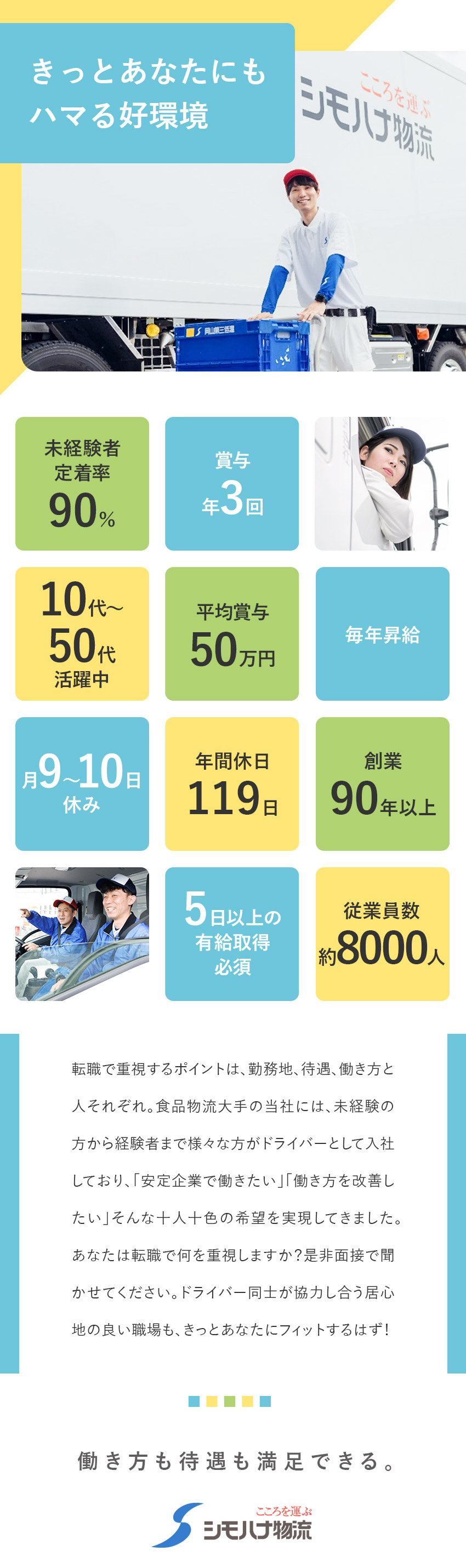 【全国72拠点／食品物流大手】日帰りのルート配送／【手厚い育成＆免許取得支援】未経験入社も多数活躍中／年休119日★シフト希望優先★毎年昇給★賞与年3回／シモハナ物流株式会社（高槻第一営業所／六甲アイランド営業所／甲子園第二営業所）