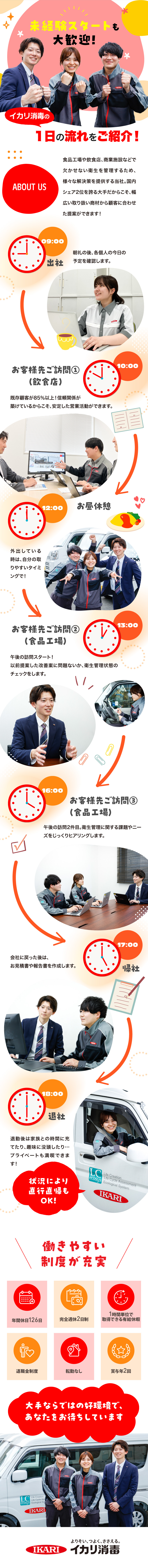 【安定基盤】創業66年の実績／顧客継続率85％超／【成長環境】研修＆資格取得支援／手厚い育成制度／【働きやすさ】年休126日＆有休消化率71.2％／イカリ消毒株式会社