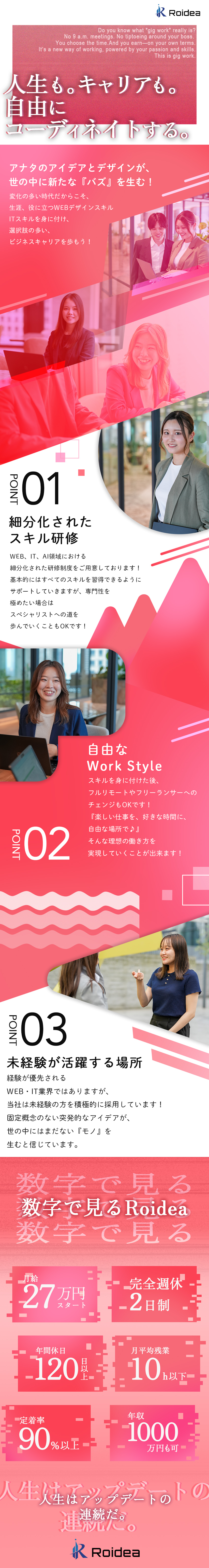 WEBスキルが貴方の可能性を広げてくれる。／ゼロから最短6ヵ月で自走できるプロデザイナーへ。／制限の少ないフリーランス・フルリモート活動も可。／株式会社ロイディア