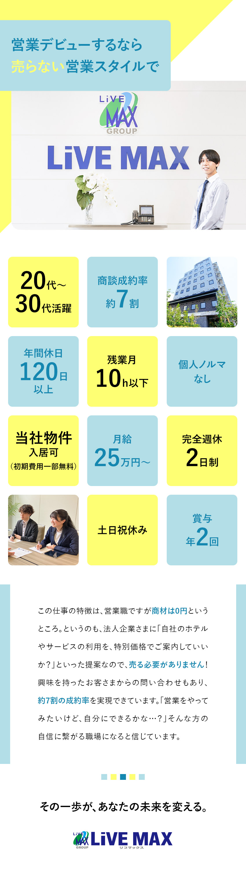 【デビュー歓迎】売らない営業で、スタートしやすい／【働きやすさ】年間休日120日／残業月10時間程度／【待遇充実】月給25万円／住宅補助／資格取得支援／株式会社リブ・マックス(リブマックスグループ)