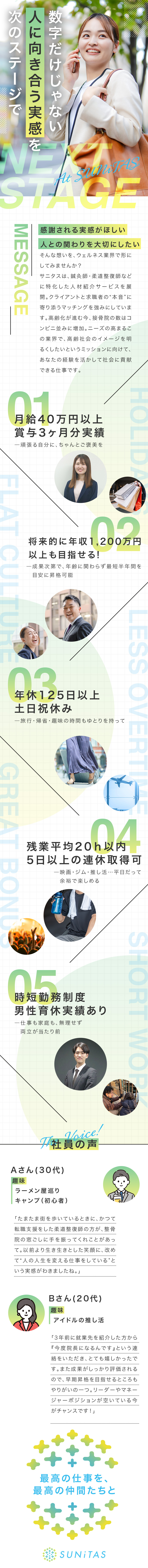 完全週休2日制の土日祝休みでメリハリ勤務／月給40万円＆賞与3ヶ月分実績で安定収入／成果次第で年収1,200万円以上も可／株式会社サニタス