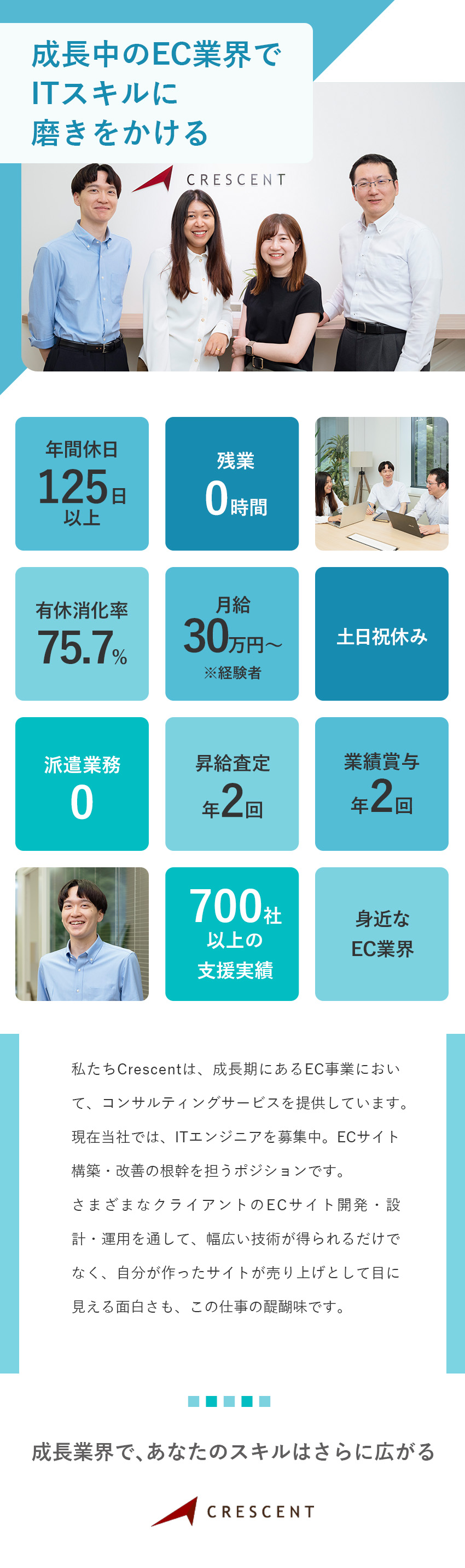 【安心】派遣業務ゼロ！迷ったら相談できる環境／【スキルアップ】幅広い企業のECサイト制作に関与／【待遇】年休125日／土日祝休／残業月0h！／株式会社Ｃｒｅｓｃｅｎｔ（クレセント）