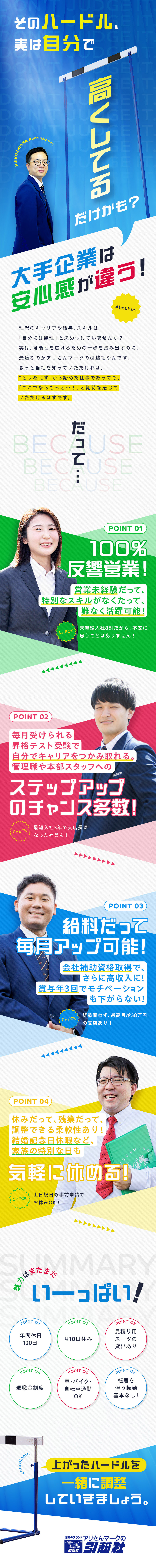 ◎100％反響営業！お客様としっかり向き合う仕事／◎しっかり稼げる／最高月給38万円の対象エリアあり／◎平日休みで混雑回避！土日有休も取得しやすい環境／アリさんマークの引越社（株式会社引越社）