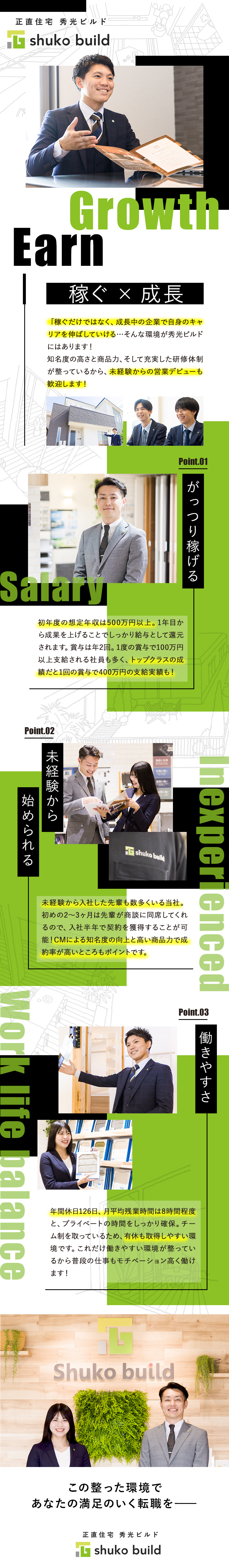 未経験者でも売れる知名度・商品力と研修体制／ご紹介やお客様からの問い合わせでの100％反響営業／年間休日126日／月残業平均8h／社宅あり／株式会社秀光ビルド