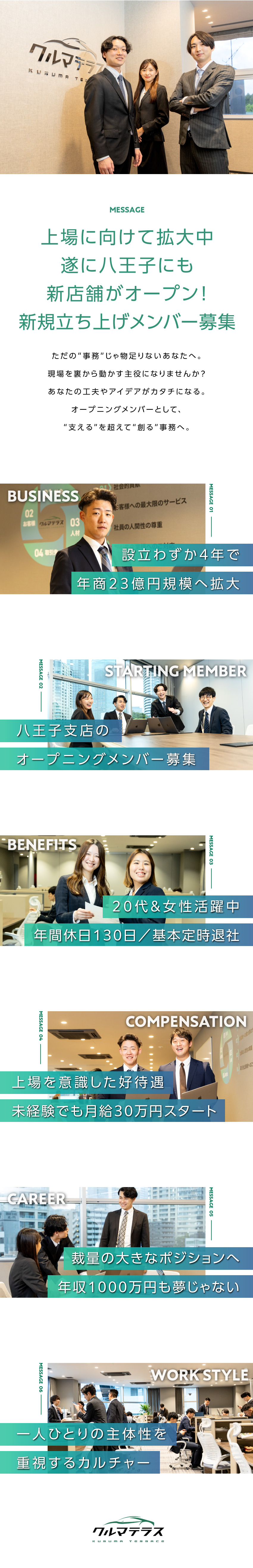 【プライベート】完全週休2日制+年間休日130日／【好待遇】未経験でも月給30万円＋残業代全額支給／【オープニング】上場に向けた新店舗立ち上げメンバー／クルマテラス株式会社