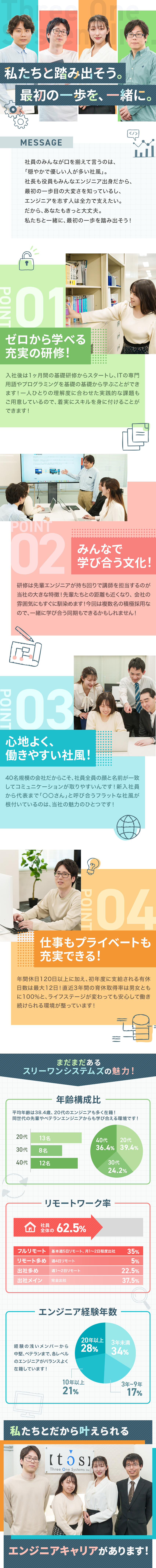 ◆40年間、黒字・無借金経営で抜群の安定基盤あり！／◆"完全未経験"でも安心の手厚い研修からスタート！／◆経営陣もエンジニア！仕事も成果もキチンと評価！／スリーワンシステムズ株式会社