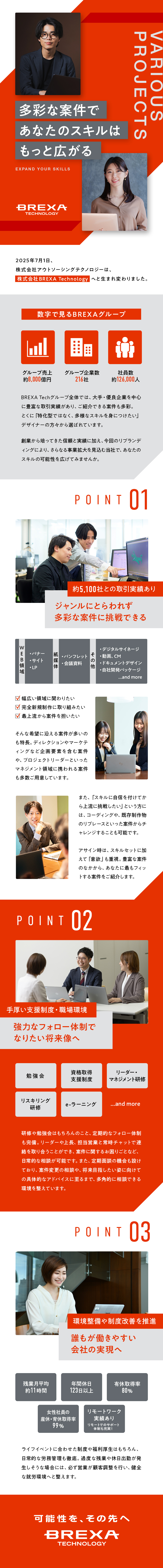 領域：Web/紙/動画/ドキュメントなど多種多様／取引先：グループで約5,100社／大手最上流案件も／環境：フルリモート有・資格取得支援など多数／株式会社BREXA Technology(株式会社BREXA Holdingsのグループ会社)