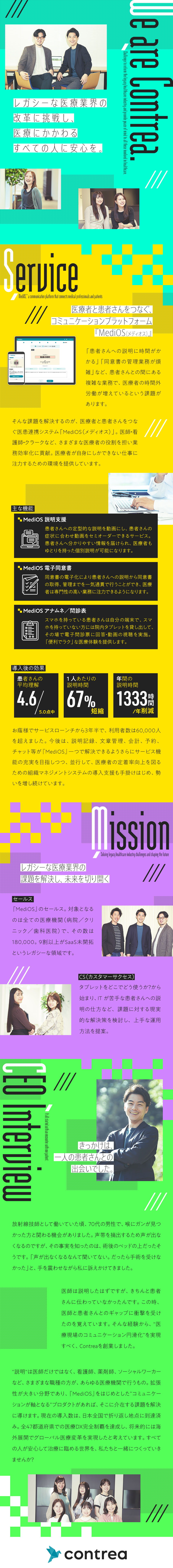 ミッションは「医療にかかわるすべての人に安心を。」／商材は医師と患者さんを繋ぐ次世代型プラットフォーム／医療の未来を一緒に創っていく仲間を探しています／Contrea株式会社