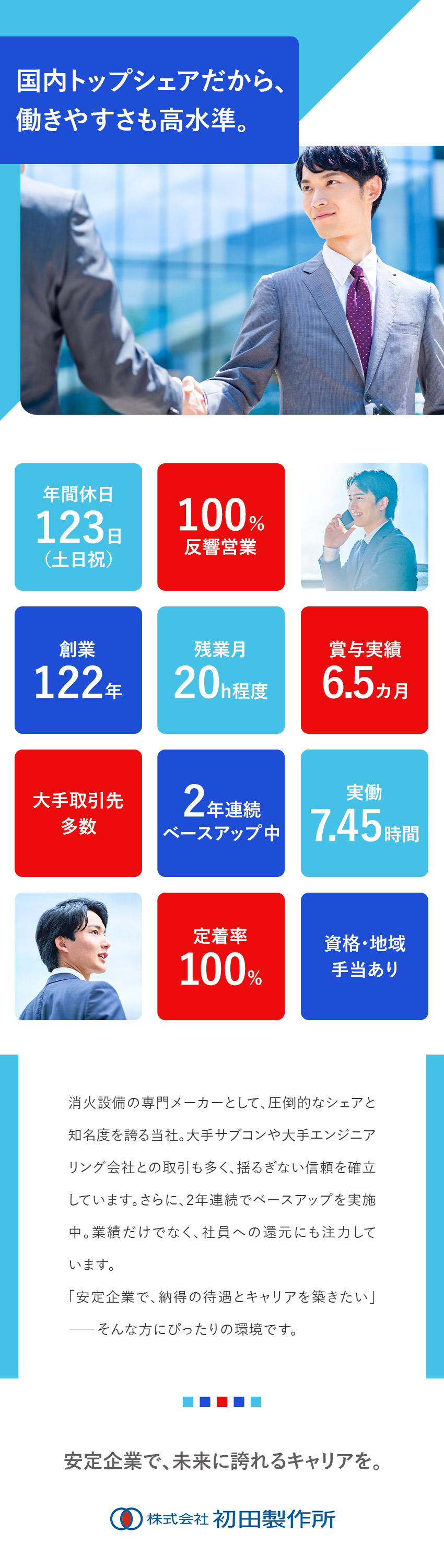 【安定性】防災設備業界のリーディングカンパニー／【魅力】賞与実績6.5カ月／2年連続ベースアップ／【やりがい】3億円もの大規模案件を手掛けることも／株式会社初田製作所