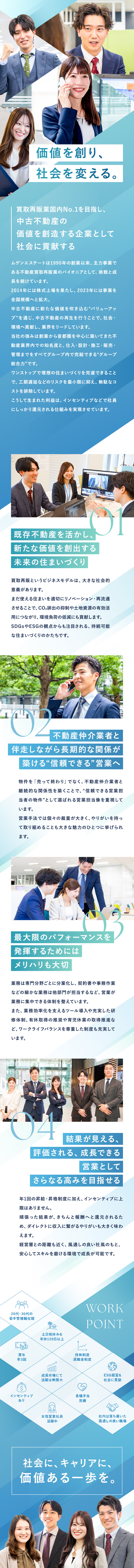 ◆仕入～販売まで一貫して担う企画型営業として活躍／◆不動産仲介業者との信頼関係が大きなポイント／◆社員の努力をしっかり評価・還元／やりがいも大きい／株式会社ムゲンエステート【スタンダード市場】