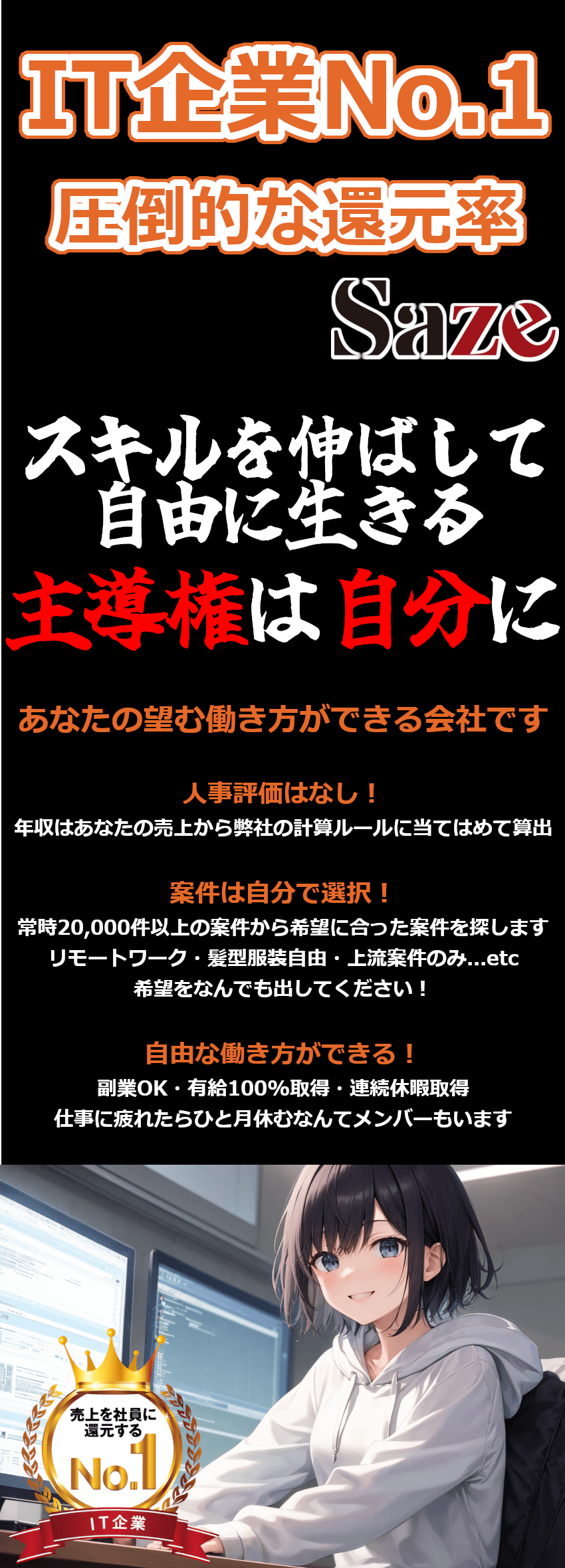 IT業界No.1の還元率/年功序列も人事評価もなし／案件選択可／案件常時17,000件以上・リモート可／自由な働き方／副業OK・有給100%消化可能／Ｓａｚｅ株式会社