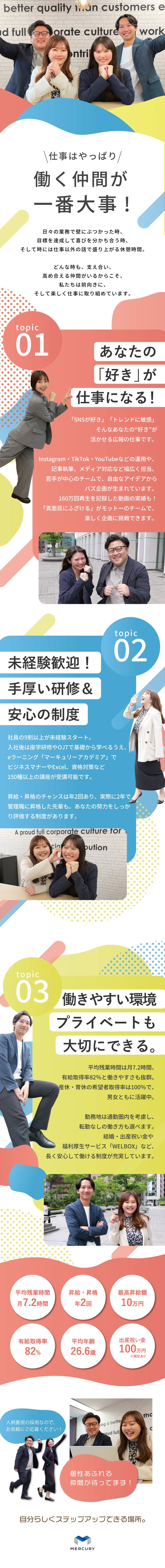 【未経験歓迎】あなたらしい発想で新しい企画を立案！／【働きやすさ】残業月平均7.2ｈ／有給取得率82％／【評価制度◎】昇給・昇格年2回／2年で管理職実績も／株式会社マーキュリー