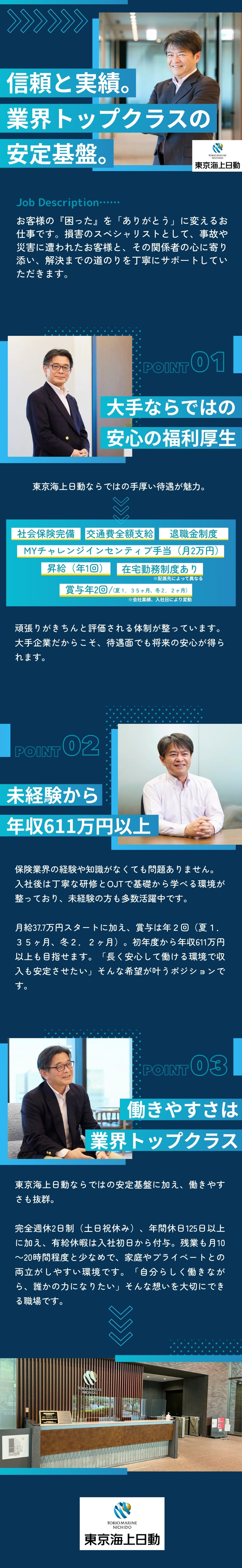 未経験歓迎◆保険の知識ゼロでも充実研修で安心勤務／安定収入◆昇給年1回・賞与年2回・年収611万円～／充実制度◆年休125日・残業20h以下／東京海上日動火災保険株式会社
