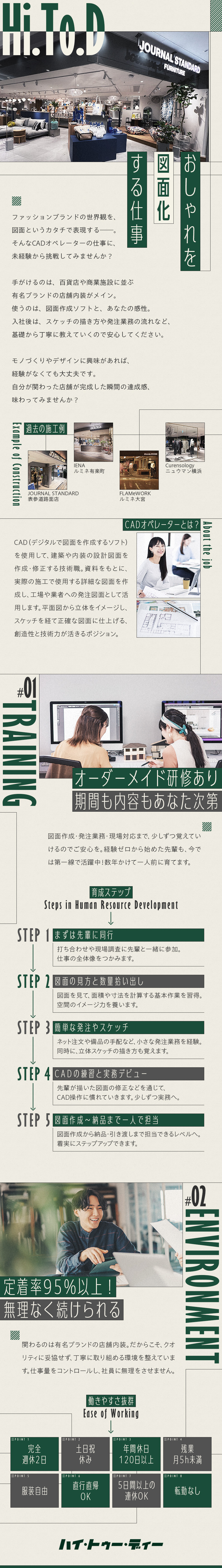 有名ブランドの世界観を図面化！形にしていく仕事／オーダーメイド研修あり！期間も内容もあなた次第／定着率95％以上！休暇は多く、残業はほぼなし／株式会社ハイ・トゥー・ディー