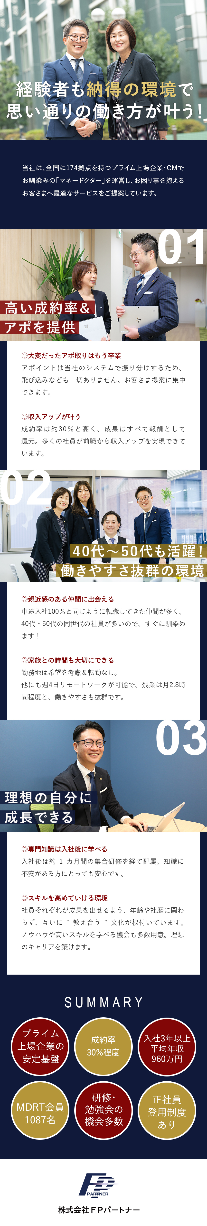 【安定性】全国174拠点を構えるプライム上場企業／【40～50代活躍中】手厚いサポートで売れる営業へ／【環境】アポを提供／成果は報酬へ反映＆収入アップ／株式会社ＦＰパートナー【プライム市場】