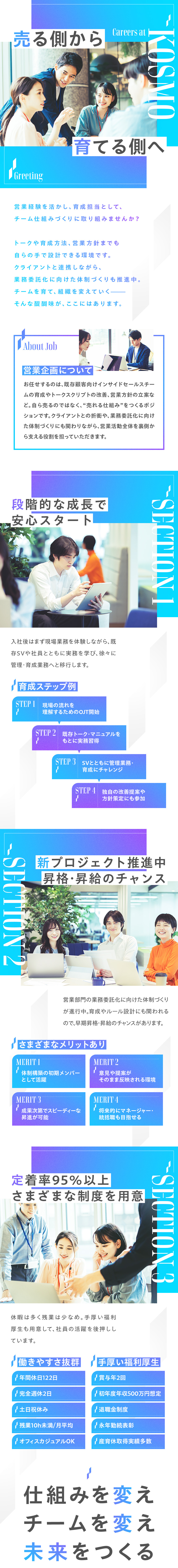 インサイドセールスの育成や企画業務をお任せ！／新プロジェクトが進行中！出世のチャンスが多数／賞与2回・退職金・産育休など…福利厚生も充実／株式会社ＫＯＳＭＯ
