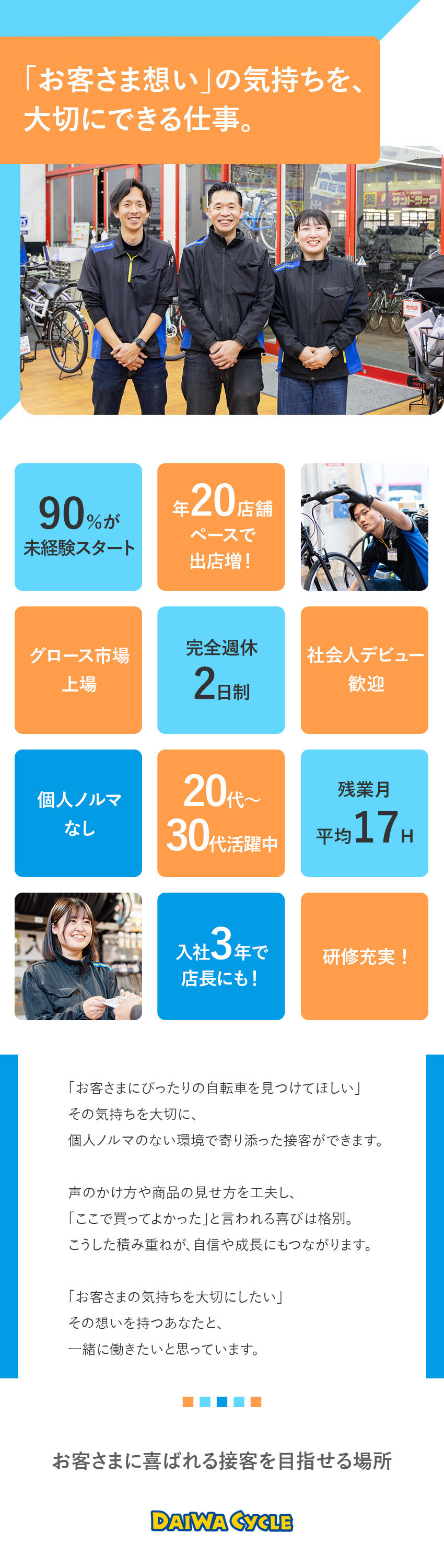 【働きやすさ】残業平均月17時間／完全週休2日制／【安定性】業績好調！売上高も店舗数も右肩上がり／【待遇◎】賞与年2回／資格取得支援／退職金制度有／ＤＡＩＷＡ　ＣＹＣＬＥ株式会社【グロース市場】