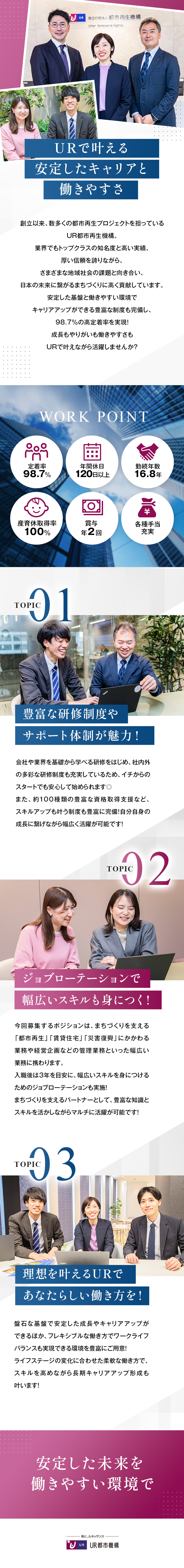 【安定】創立70年を迎える盤石な基盤と高い実績あり／【成長】充実した研修制度とジョブローテで幅広く活躍／【環境】在宅OK／勤務時間調整◎／定着率98.7％／独立行政法人都市再生機構