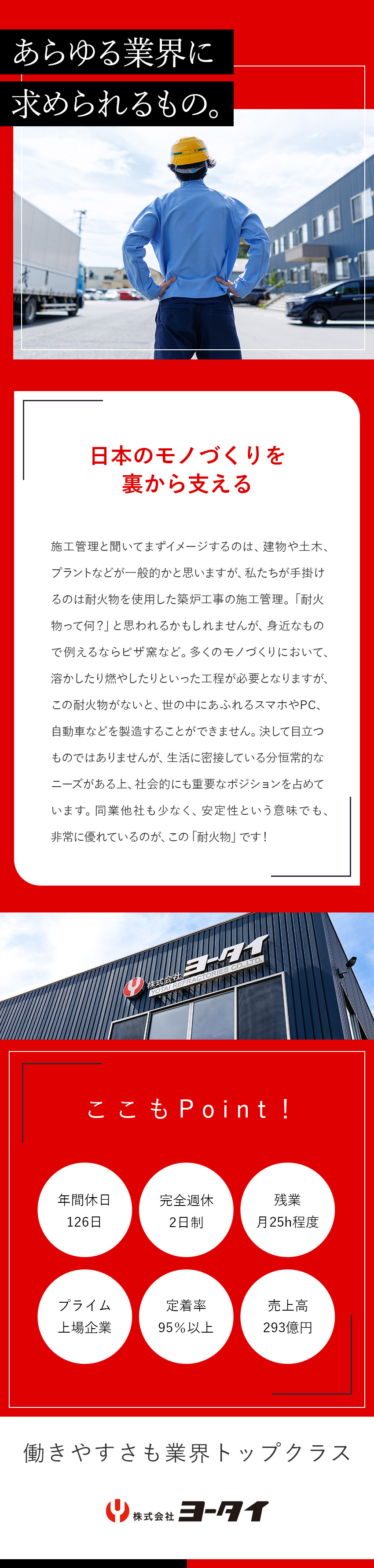 業界シェア＆生産量トップクラスを誇る耐火物メーカー／経験者は月収40万円以上可。賞与実績は年6カ月分／年休126日／完全週休2日制／定着率95％以上／株式会社ヨータイ【プライム市場】