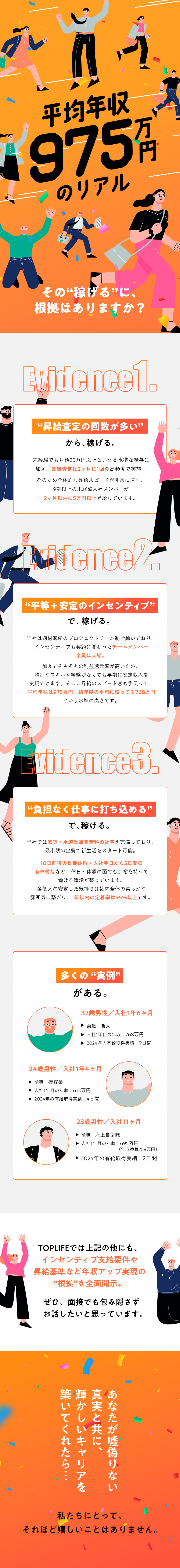 4割が未経験スタート／1年以内の定着率95％以上／昇給査定は年6回／9割が2ヶ月以内で5万円昇給／家賃・水道光熱費無料の社宅完備／新生活に最適な環境／株式会社TOP LIFE