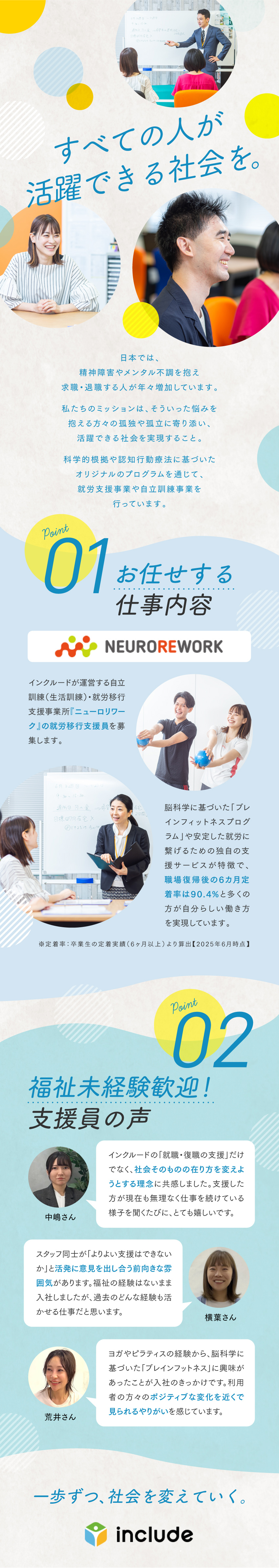 悩みを抱える人の就労からその後の安定までを支援／キャリアカウンセリングを行い利用者さまを就職へ導く／完休2日・原則定時退社／未経験から月給25万円以上／インクルード株式会社