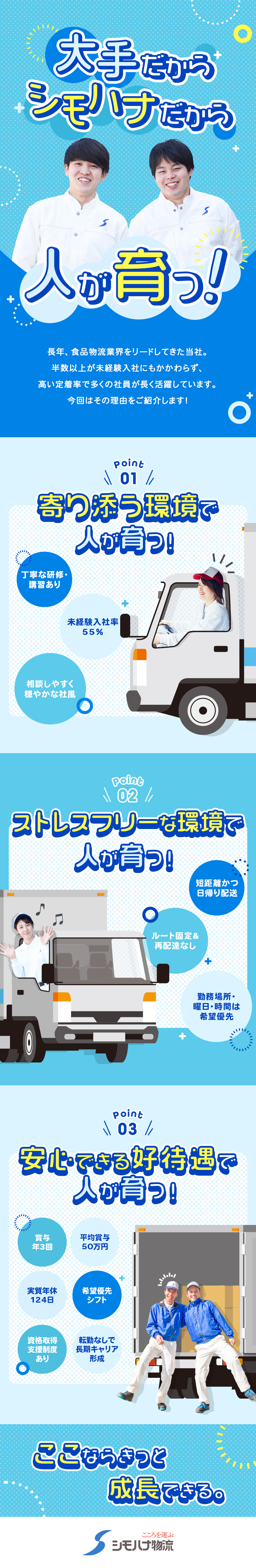 【安定感】全国に拠点を展開・経営安定の食品物流大手／【全国募集】転勤なし！希望の勤務地で長く働けます／【好待遇】賞与年3回＋毎年昇給あり／各種手当も充実／シモハナ物流株式会社