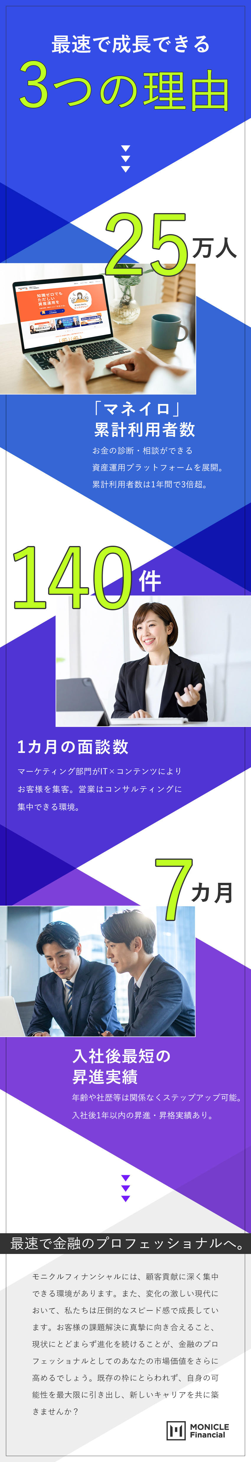 【新規開拓なし】お客様へのコンサルティングに集中／【研修充実】金融業界からの中途入社90％／【適正評価】バランス提案・ニーズに沿った営業を評価／株式会社モニクルフィナンシャル
