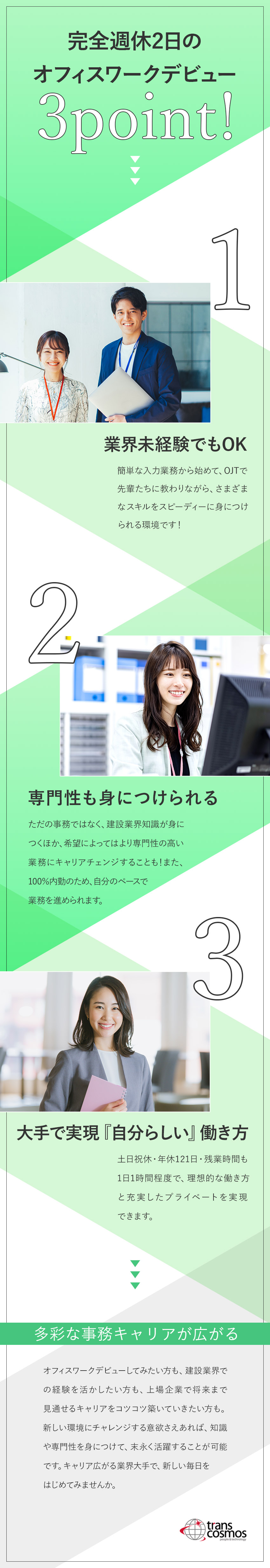 安定性◎プライム市場上場／研修・資格取得制度が充実／成長◎建設の実務経験不要／イチからしっかり学べます／働き方◎残業少なめ！完全週休2日でプライベート充実／トランス・コスモス株式会社【プライム市場】