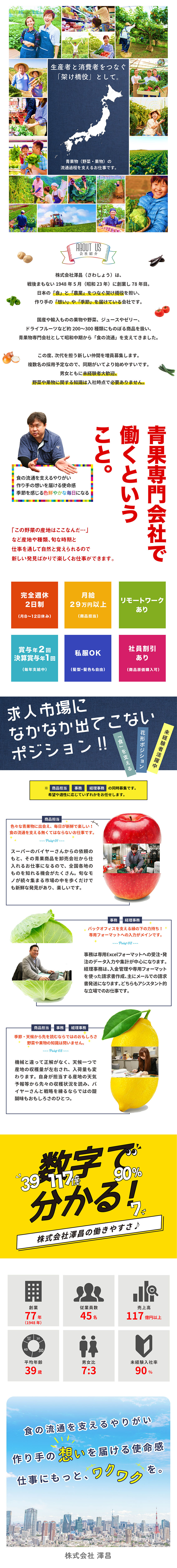 【月給29万円～】77年続く青果物専門会社です。／【リモートワークあり】日本の農業と食の世界を支える／【完全週休2日制】私服OK！野菜や果物の知識不要／株式会社 澤昌（サワショウ）