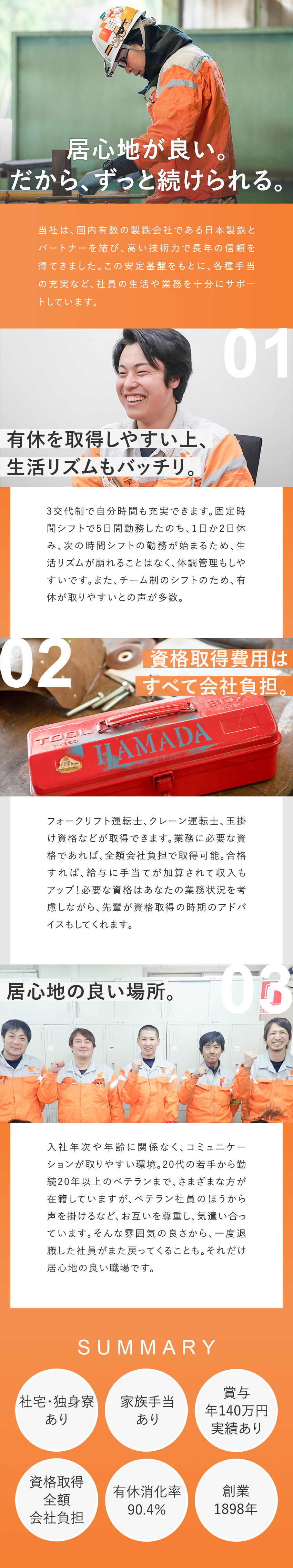 【未経験歓迎】1週間の座学＆OJTでゼロから成長／【充実のサポート】社宅・食事手当など生活面も安心／【安定した環境】豊富な福利厚生・手当で待遇面も充実／濱田重工株式会社